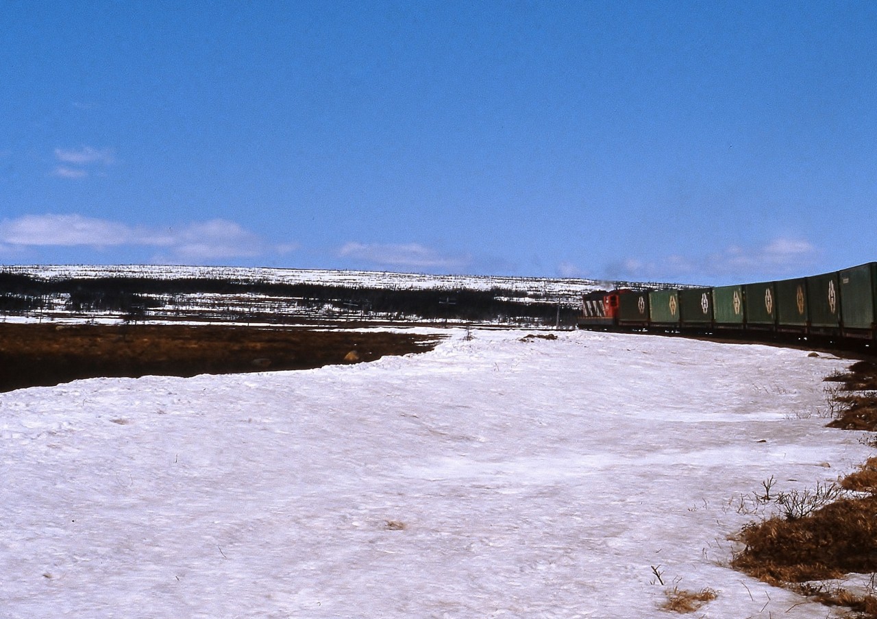 ROUNDING BLAGGARD'S CURVE. During the photographer's and his girlfriend's first Newfoundland train trip on April 20, 1987, each mile brought a pleasant surprise and on the approach to Quarry, it was no different. The ascent into the Topsails was well underway and after travelling several miles of relatively straight track Mixed Extra 945 West suddenly took a sharp 90 degree - even by Newfoundland standards - turn to the left. It then ran straight for a couple of car lengths before suddenly veering another 90 degrees to the right. In the past, when 80 to 100 cars where in the consist, photographers such as Mike Shufelt and Rich Taylor among others, captured entire trains entering and exiting Newfoundland's most famous 'S' curve.