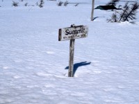 SIGNAGE AT SUMMIT. As seen from Coach 757 on Terra Transport's Mixed Extra 945 West on April 20, 1987, the official sign for 'Summit' is barely visible above what remains of a heavy winter's snowfall. It was at this point at Mileage 328.3 that the former Newfoundland Railway reached it's pinnacle at 1554 feet above sea level and no doubt that a few months earlier, the sign would have been completely covered under snow. While the rugged Juniper trees point east as part of their distinctive growth pattern, the photographer and his girlfriend continue to head west on this, their first Newfoundland rail journey. This sign has long since disappeared, along with the other official markings of the 547 mile narrow gauge railway, but has been replaced by a man-made one that not only displays the mileage and elevation in raised lettering but also wooden representations of the Canadian and Newfoundland & Labrador Flags. 