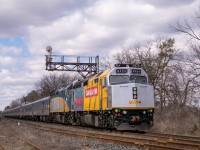 11 miles from the end of its first cross-country trip wearing the Canada 150 wrap, 6454 leads a 6:30 late #2 down the Bala Sub by the siding at Oriole.