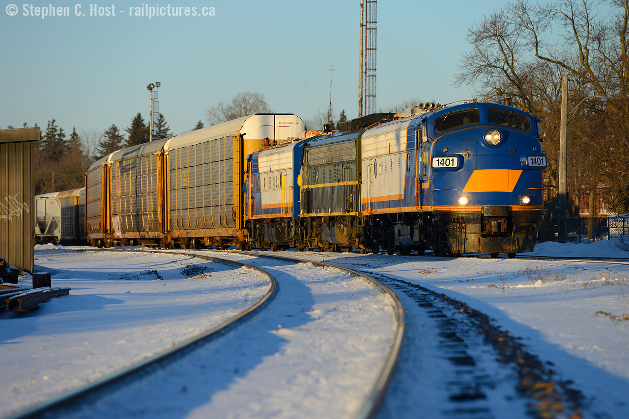 I've been appreciating some of the F unit photos posted here recently. For example, Lance's photos of CN F units out west - and Bruce's VIA F's in the Chatham area - and Doug's shots of Wabash/N&W/NYC/PC F's -  so let's continue the F unit parade. Anyone care to join in? 
2015 was peak foam on the Ontario Southland Railway - Plow extras ran frequently in Winter, 6508 was painted by summer, and the F's were put together on a few occasions to the delight of cameras. When I heard that all three covered wagons were together, I quickly burned a vacation day to spend it in the Woodstock area. Peak OSR foam in 2015? Dare I say I expect OSR to outdo themselves in the not too distant future? The Salford Surprises just keep on coming so plan your visit soon. For now, let's reminisce to what was now more than two years ago as OSR switched Woodstock yard before departing west for CAMI. In the foreground is the CPR Galt sub, and the MOW shed (which used to house speeders) at left.