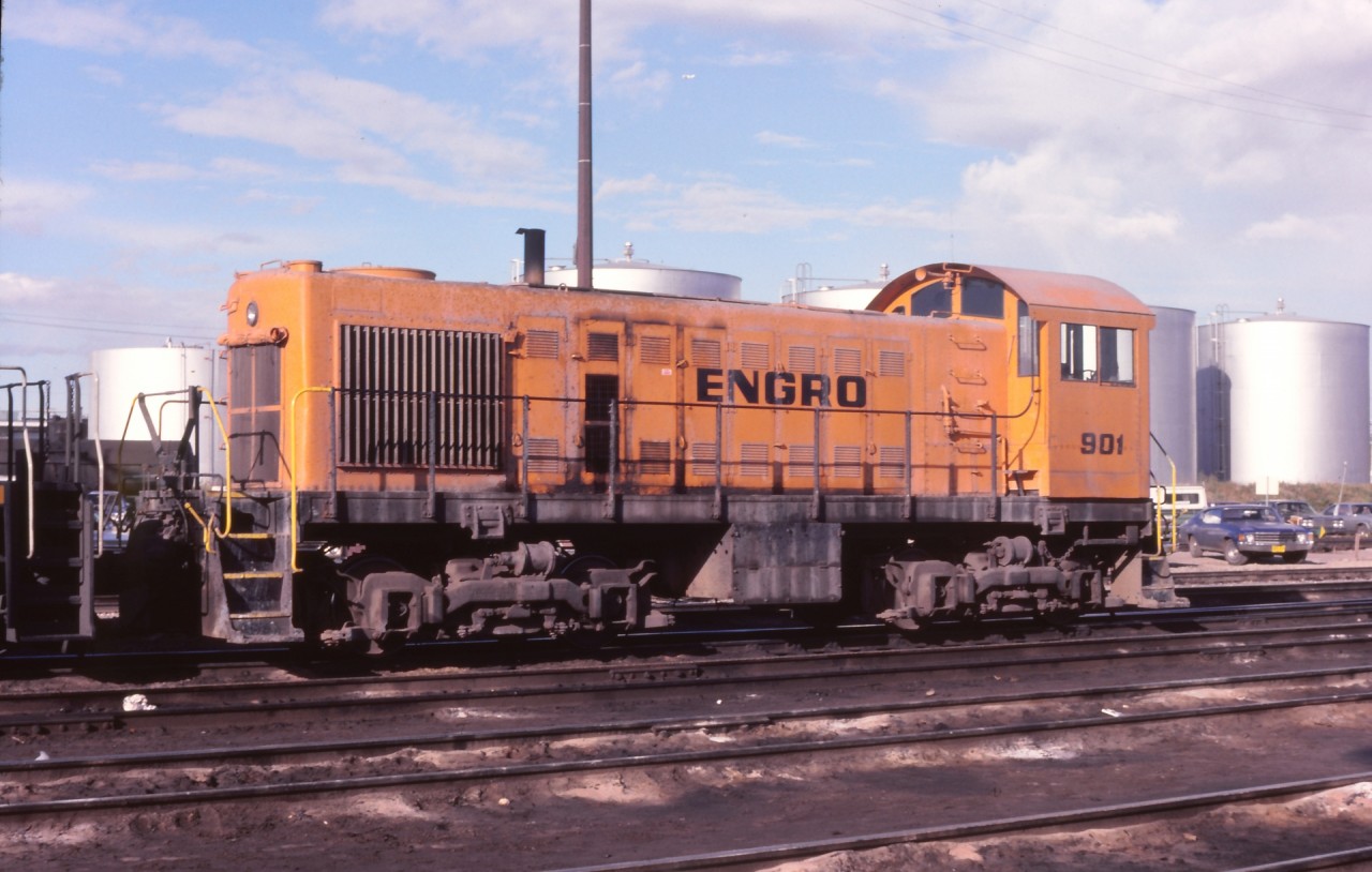 ENGRO 901 at Calder Diesel shops. Rarely seen from it's home turf and I was told I was lucky to get a photo of it while in for repairs at the CN shops.  901 is a modified S1 Alco