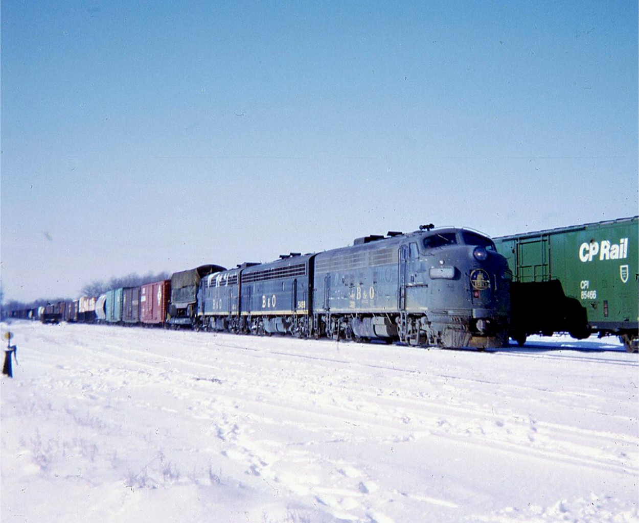 In the winter of 1971/72 CP had leased a lot of engines from other railroads. By February the crunch had really hit and CP went to the B&O for help. I had received a phone call from Bruce Chapman in Ottawa that these 3 engines were in Windsor. The next morning train 74 with the very first use of the leased F7’s is drifting down the grade at Guelph Jct hauling 97 cars for Toronto etc.  No sooner had this trio arrived Agincourt they were quickly needed for train 955 on the Mactier Sub and the following morning were in Chapleau. CP would lease a total of 28 F7A & B units from B&O, 1 or 2 of which were in C&O paint but relettered.