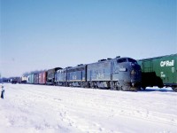 In the winter of 1971/72 CP had leased a lot of engines from other railroads. By February the crunch had really hit and CP went to the B&O for help. I had received a phone call from Bruce Chapman in Ottawa that these 3 engines were in Windsor. The next morning train 74 with the very first use of the leased F7’s is drifting down the grade at Guelph Jct hauling 97 cars for Toronto etc.  No sooner had this trio arrived Agincourt they were quickly needed for train 955 on the Mactier Sub and the following morning were in Chapleau. CP would lease a total of 28 F7A & B units from B&O, 1 or 2 of which were in C&O paint but relettered.