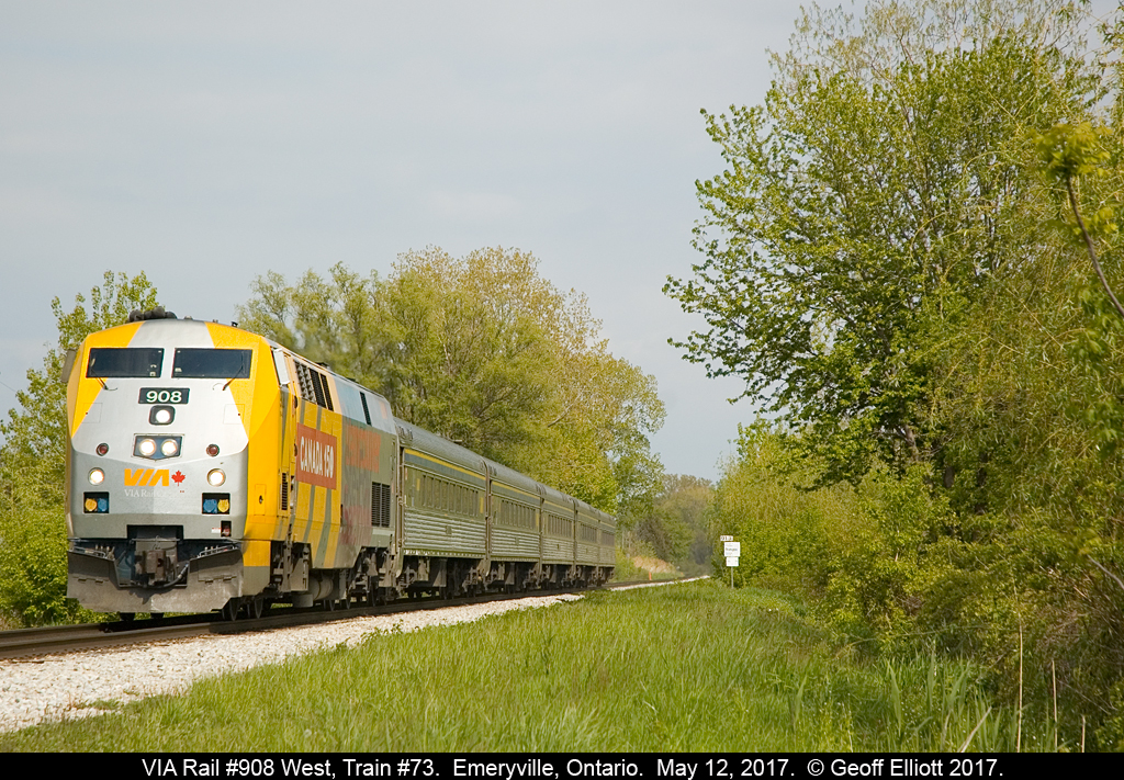 VIA 908, in "Canada 150" attire, leads train #73 on the final stages of it's Toronto to Windsor run.  In about 23 minutes the train will arrive at the station to complete it's journey across Southern Ontario.