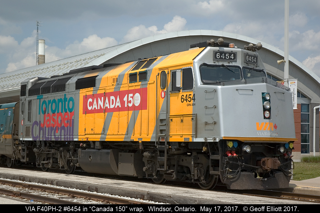 What I think is the first F40PH-2 to arrive in Windsor, Ontario in the "Canada 150" wrap, is VIA #6454.  Here 6454 sits beside the station in Windsor waiting to depart on train #76 this afternoon bound again for Toronto.