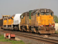 GEXR train 433 is seen backing its cars into the CN yard at London, Ontario with LLPX GP38AC 2210 and GEXR GP40 4046. The trains consist included new Union Pacific units from the now closed GMDD plant in London and new car frames from the former Budd Canada factory in Kitchener. 