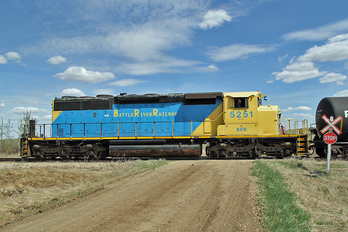 BRR's SD40-2(W) 5251 (ex CN 5251) is switching tank cars at Alliance Alberta.