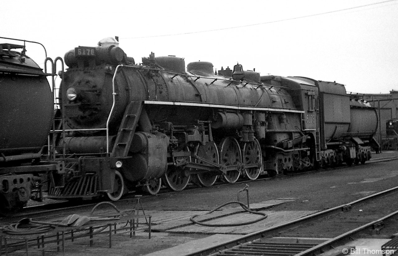 Another one of the stored Northerns at Canadian National's Mimico roundhouse at the end of the steam era is CN 6178. Built by MLW in May 1940 as part of U2e class 6165-6179, she's shown in 1959 stored dead with stack capped, no coal in her tender, but drive rods still on. Unfortunately like most of the stored steam engines there would be no reprieve for 6178, and she would be scrapped in April 1960.