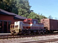 Canadian Pacific DTC 17, the usual Goderich-assigned siderod CLC switcher, is shown in front of CP's Goderich Station in July 1962.
<br><br>
The station survived long after CP service to Goderich was discontinued, and was eventually moved closer to lake for future use as a restaurant. As for 17, CP sold it to Babcox and Wilcox as their V90, and it was eventually sold to South Simcoe Railway for use as a parts unit (later scrapped) to support their operational unit 22.