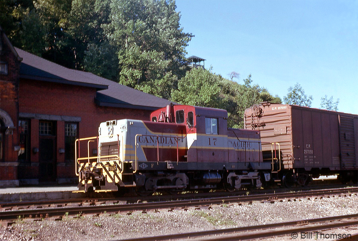 Canadian Pacific DTC 17, the usual Goderich-assigned siderod CLC switcher, is shown in front of CP's Goderich Station in July 1962.

The station survived long after CP service to Goderich was discontinued, and was eventually moved closer to lake for future use as a restaurant. As for 17, CP sold it to Babcox and Wilcox as their V90, and it was eventually sold to South Simcoe Railway for use as a parts unit (later scrapped) to support their operational unit 22.