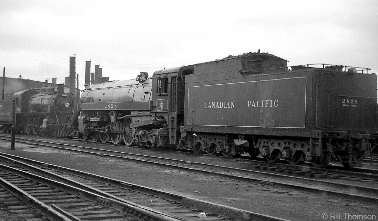 Two different examples of well-known Canadian Pacific steam power are shown in another photo of power displayed at CP's Lambton Yard during a NMRA Niagara chapter convention visit (after a ride up from Toronto to Lambton via Leaside). CP H1d Royal Hudson 2858 (built by MLW in 1937, formerly assigned out west in Calgary) sits parked facing D10h 1092 (built by CLC in 1913)in Lambton Yard.
The stylish semi-streamlined Royal Hudsons were built for hauling premier mainline passenger trains, but as the transition from steam to diesel progressed in the mid-1950's they were downgraded to hauling freight and commuter trains. CP's D10 class of 4-6-0's were well-known as jack-of-all-trades engines, useful in branchline, local, mainline and helper service hauling both freight and passenger trains.

A closer view of 1092: http://www.railpictures.ca/?attachment_id=29274
