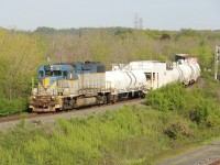 I know there has been a multitude of shots of the Weed Spraying Train but being the foamer that I am, I was itching to share another action shot, this time on the Hamilton Sub. First of all, thanks to Eric Portelli for the timely FPON post that this train was going to be tied down at Guelph Jct. overnight May 22 into the 23rd. Thinking it would be a long shot, I went to Guelph Jct. to check for it Tues. May 23 morning (a little diversion from my usual path to work). It wasn't there; I was too late. At this point, I still had no scanner on and no solid information that it was going to run south on the Hamilton Sub (but I had a feeling it would). So, because I work in Hamilton, I followed the line south. At one crossing, I saw what appeared to be the tail end of a train. Then I took a road semi-parallel to the line, and I got it!
Not taking any chances, I hustled to Hamilton West, and here it is, trundling southbound towards the Hammer at about 08:20. This is definitely one of those 'rare' train locomotives so I'm happy I got the chance to shoot it. Despite the long commute from K-W, there are benefits to working out of town :) (and lots of tunes during the commute!!!)


