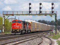 On a gorgeous afternoon, CN 271 ducks under the signals at Paris with CN 2153 and CN 5446 providing the power on this empty unit autorack train.