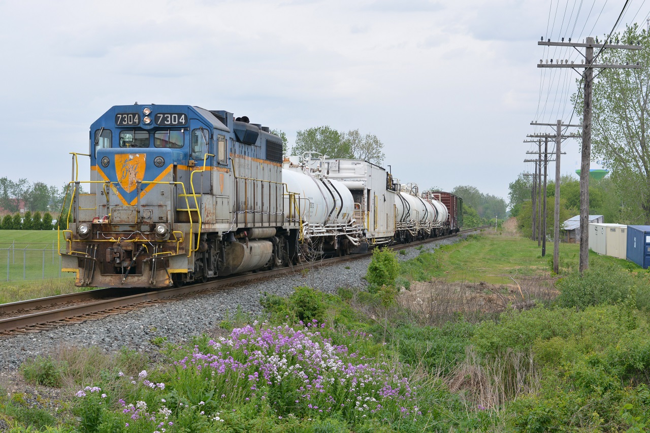 After supposedly hitting something East of Kent Bridge in a "bouncy unit" as described by the crew, the diesel doctor recommended that the weed spraying train to stop at a crossing friendly location to be inspected by the mechanic that was in the area. Here they are stopped on the main waiting for the mechanic with D&H 7304 in lead