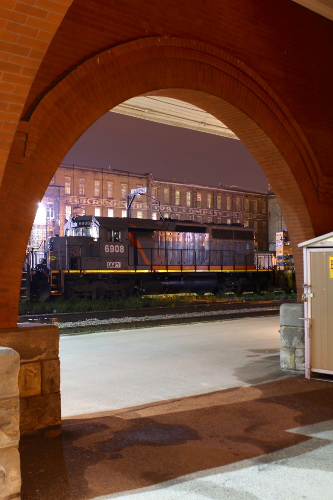Goderich-Exeter's newest kid in town is seen resting in front of Kitchener's VIA/GO station in the early morning hours of May 27th. The SD40 is most likely no stranger to the former CN line through town, after all it started out on CN's roster decades ago before being sold to locomotive rebuilder Alstom, then was leased back to CN and eventually sub lettered for CN's Wisconsin Central. A few years ago it was picked up by GW and assigned to the Quebec Gatineau RR. Motive power issues on the GEXR have caused its relocation.