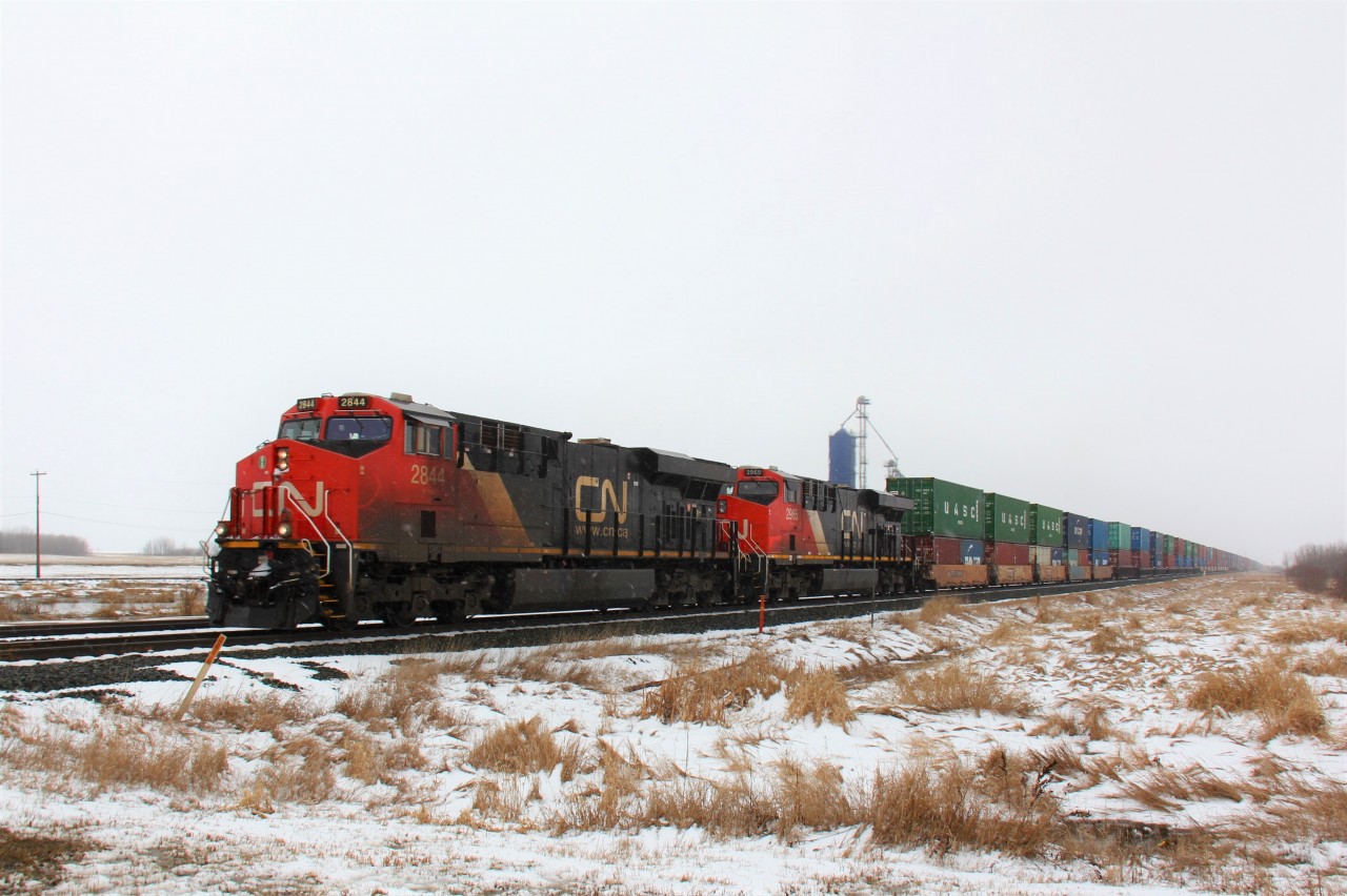 A couple of ES44AC's lead a eastbound intermodal train through Ryley on a snowy April day.