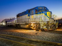 <b> Lightning Stripes Under The Stars: </b> As twilight turns to dusk, a veteran GP38-2 in original Delaware & Hudson paint slumbers with the spray train at Guelph Junction. Thanks to all the folks who provided the lighting for this shot, you know who you are.