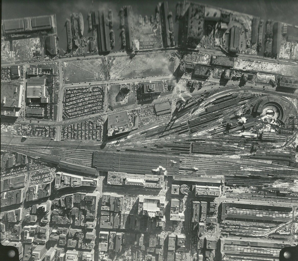 Ariel photo 2 of rail lands at Union Station in the 1930's. Royal York is clearly visible as well.