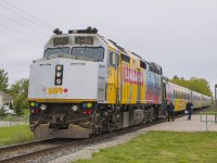 <b> " When it rains, all the interesting power comes out.. " PART TWO </b>...yes, it still seems to be the case. I had seen the new Canada 150 wraps already on the P42's, but had yet to capture my first photos of it on the F40's. To my delight, on a day that spawned the beginning of a lousy first week of weather for May...VIA 6402 pulls into it's station stop at Glencoe. The lone passenger waiting to board his train must have thought "this guy is crazy!", as I couldn't contain my excitement as train 76 rolled into Glencoe. Interesting too - one passenger arriving, one about to board and depart. Also of note - had I relocated 5 minutes down the line towards Newbury, I probably would have gotten a great passing shot of VIA train 76 to London, and 73 to Windsor. Maybe next time... 