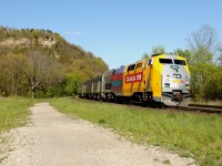 VIA 83 with Canada 150 wrapped P42DC #906 heads west past Dundas Peak on a beautiful May afternoon.