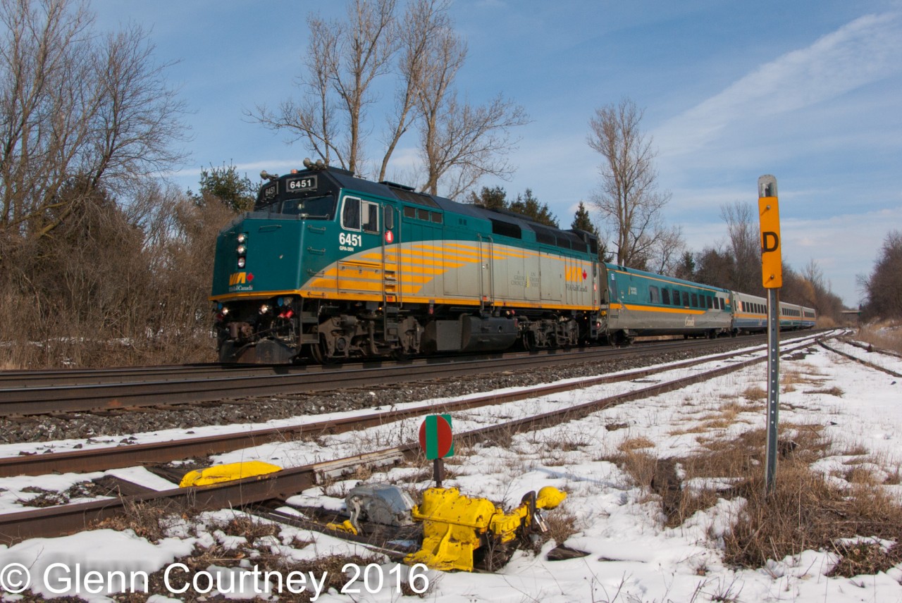 Via 6451 leads train #73 on the north track at Copetown.