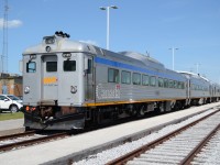 VIA 6105, VIA 6208, and VIA 6251 sit on track #1, at the VIA Rail Station in Windsor. On Tuesday May 23 to Thursday May 25, they will be doing round trips during the day from Windsor Station to a temporary Platform at the WFCU Centre, where the Memorial Cup CHL Hockey Tournament is being held. About 3000 Students in Grade 5 & 6, from Windsor & Essex County, will be doing some Rail Safety trips and also going down to the Arena for some educational stuff involved with the Veterans and other items.