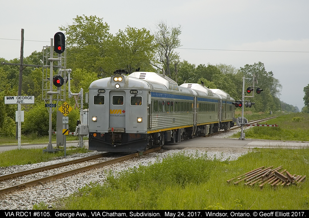 Looking like a "Blast from the Past" three of VIA's rebuilt RDC's, led by RDC1 #6105, roll past George Ave. in Windsor, Ontario on May 24, 2017.  As part of the Memorial Cup Tournament hosted in Windsor this year, VIA helped promote the event by shuttling school students from the Windsor Station to the WFCU center to enjoy a display explaining the history and meaning behind the Memorial Cup as well as teaching the children about safety around the railroads.  Very impressive site seeing a trio like this again.