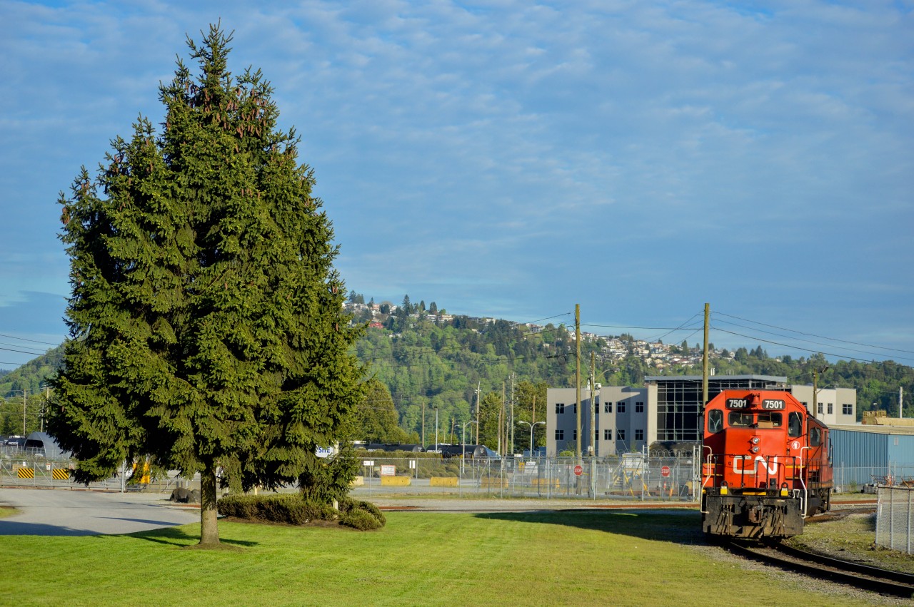 On a glorious May evening, CN's Seymour Branch power sits on the west leg of the Chemtrade wye after the crew have completed their work.