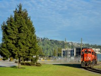 On a glorious May evening, CN's Seymour Branch power sits on the west leg of the Chemtrade wye after the crew have completed their work.