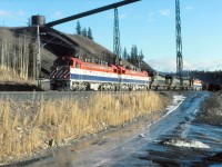 On a sunny morning I was out and about, stopped by the Teck loadout. It was hard to believe it was January with the lack of snow on the ground. Whole different story snow wise "up the mountain". While there I was surprised with this south bound loaded coal train and the collection of locomotives. The two leading electric locos were likely working, but not sure about the diesels, the trailing electric locomotive would be "dead in tow". Diesels could MU trail and operate to the electric locomotives. If diesels were leading, any trailing electric would be dead with pantographs down.