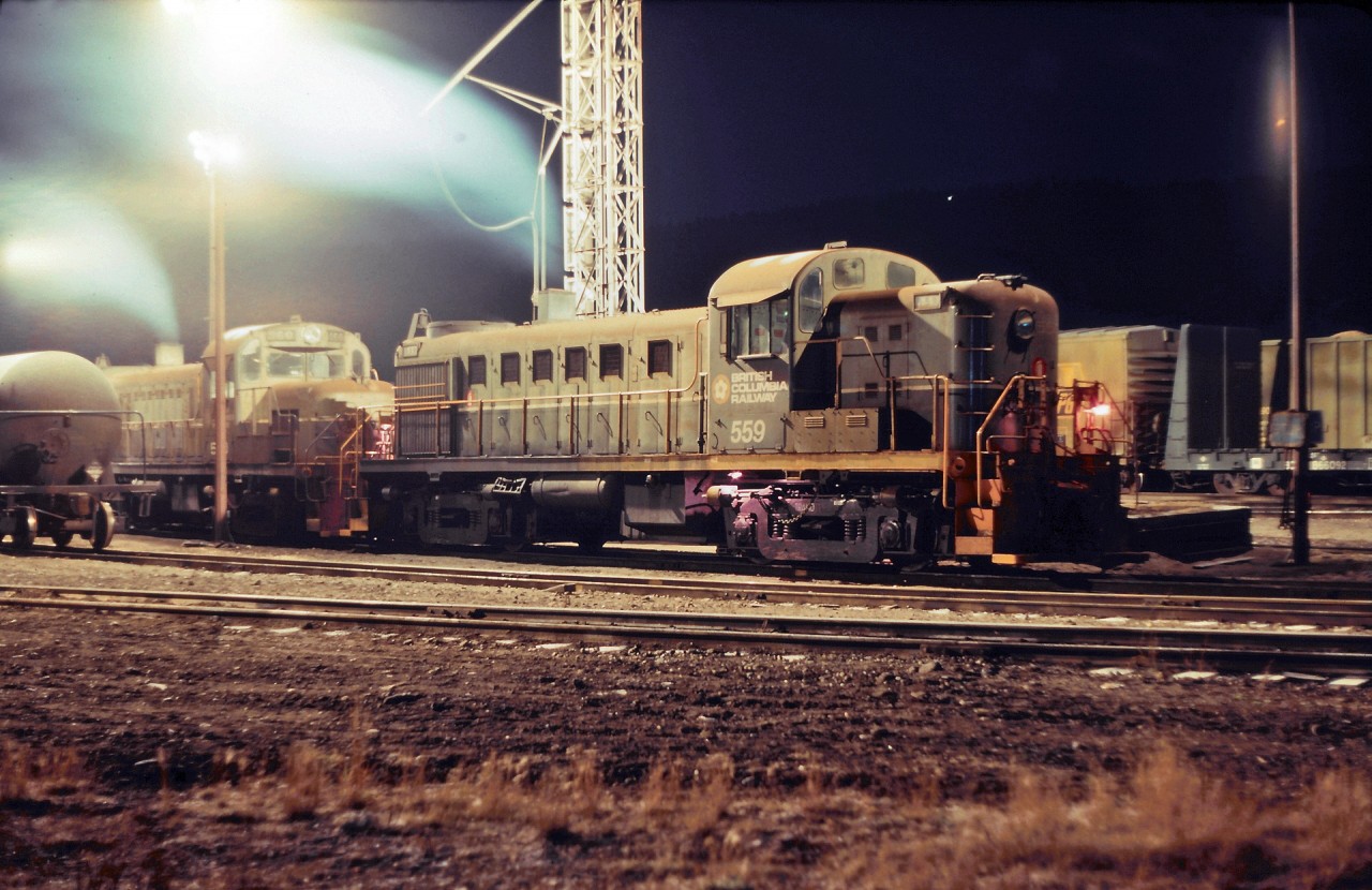 One of my few attempts of night photography, unfortunately the overhead lights did not help with the color etc. This would be the Williams Lake yard power for a few days, 559 & 560. Pretty old units and fun to operate.