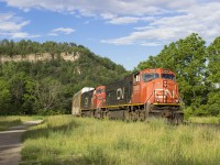 SD75I and C40-8M leaders hike up Dundas Peak following right behind CN 399.