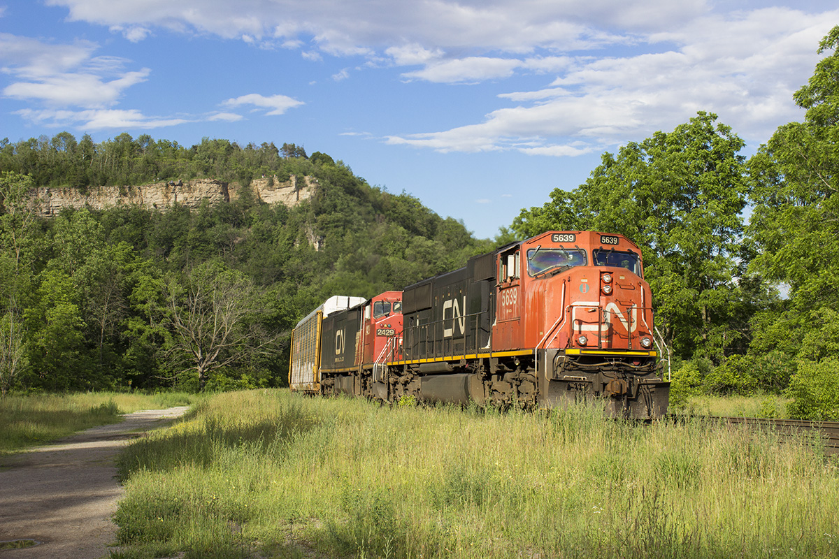 SD75I and C40-8M leaders hike up Dundas Peak following right behind CN 399.
