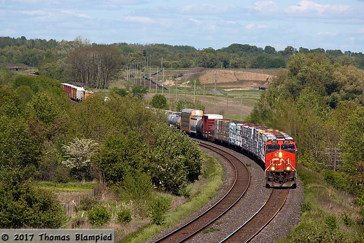 CN 369 rolls through the S curve at Newtonville Road with a typical consist of just about everything.