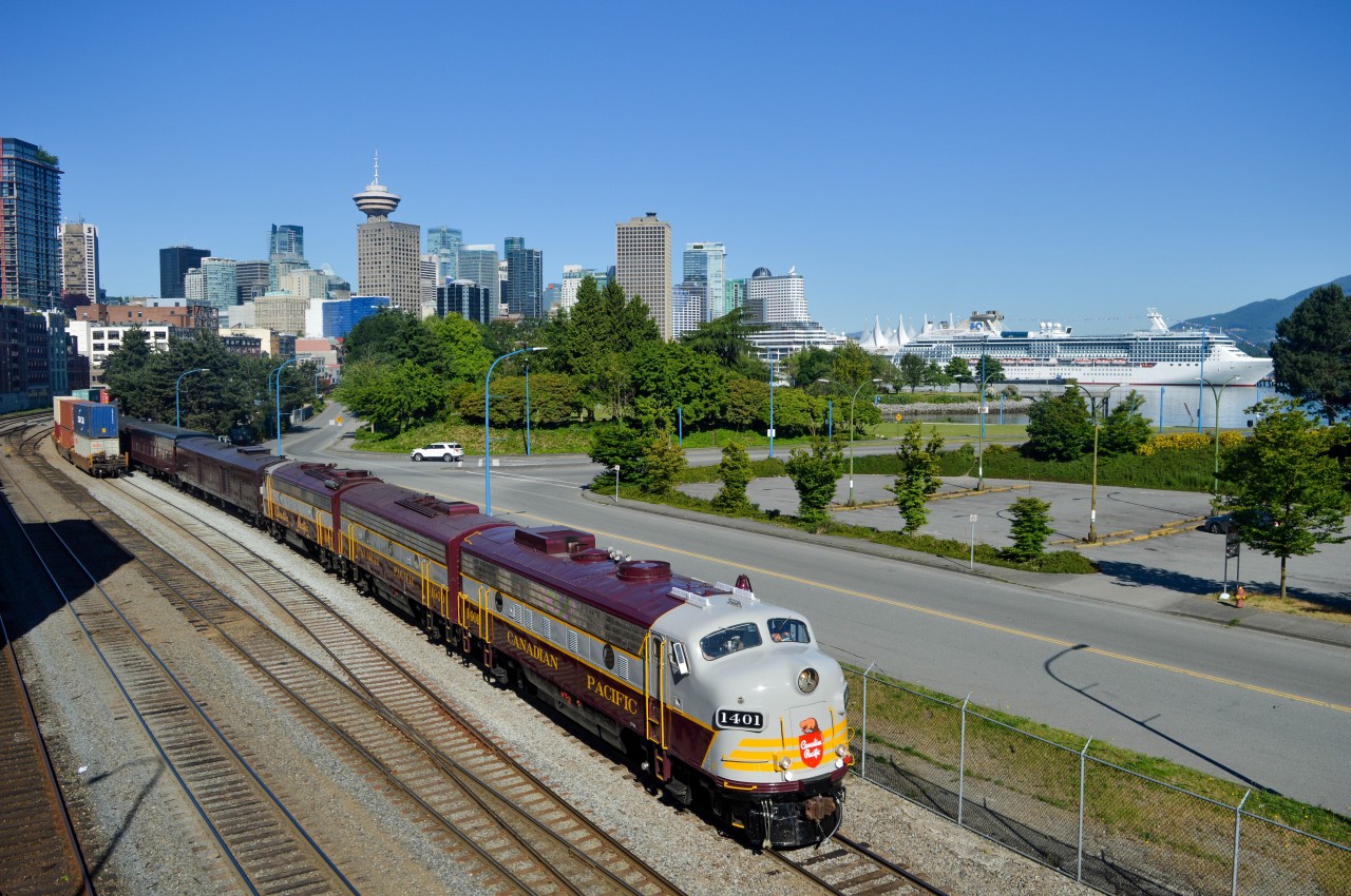 At 0830 on a spectacular Vancouver morning, CP was hard at work getting a twelve car Royal Canadian Pacific train—the first cruise of the season—prepped for the party of lucky travellers who would spend the day lounging and sipping drinks as the scenery. 
A half hour later, the classic consist was rolling out of Vancouver to start the first leg of its journey nearly 400 miles to Revelstoke.