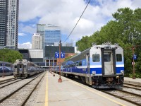 A number of trainsets are in downtown Montreal at the start of the afternoon commuter rush at Lucien L'Allier Station.
