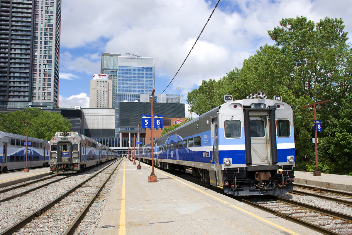A number of trainsets are in downtown Montreal at the start of the afternoon commuter rush at Lucien L'Allier Station.