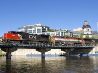 CN 149 has CN 2098, BCOL 4607 & CN 2324 for power as it crosses the Lachine Canal in Old Montreal, at the start of its run to Chicago.