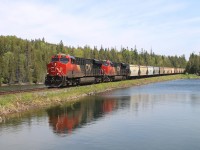 CN train B730, a unit Canpotex potash train, from Saskatchewan to Saint John NB is nearing its destination as it descends the grade in full dynamics just a few miles from Courtney Bay.  Leading on the head end is 2841 with 2850 and 125 cars back is in DP action 2958 and 2966.  The sun was shinning brightly today with the winds blowing at around 50kph.  Love this spot.