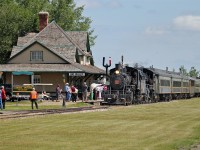 AS part of the Canada 150 celebrations Alberta Prairie Steam Tours is running double headed steam hauled trains with it's own 1920 Baldwin Consolidation 2-8-0 #41 and Alberta Railway Museums MLW 4-6-0 #1392.  The morning run on June 29 is seen arriving at Big Valley Station with #41 leading. Other runs had 1392 leading.