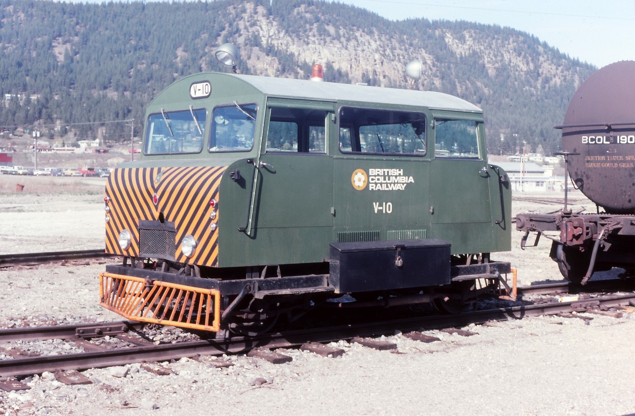 V-10 inspection car, basking in the late afternoon sun at Williams Lake. Not very often was this unique track unit out and about, let alone parked for a photo. Generally when not in use it was housed in a special built storage shed in Prince George yard.  It was used by management and supervisors for their system, on line inspection trips etc. I would not be surprised if it made the odd trip up the Takla subdivision for a fishing trip or two. Information is scant about this unit. I understand that it was built by D. Wickham Co, possibly in England although I have not been able to track down year built or any type of model remarks.