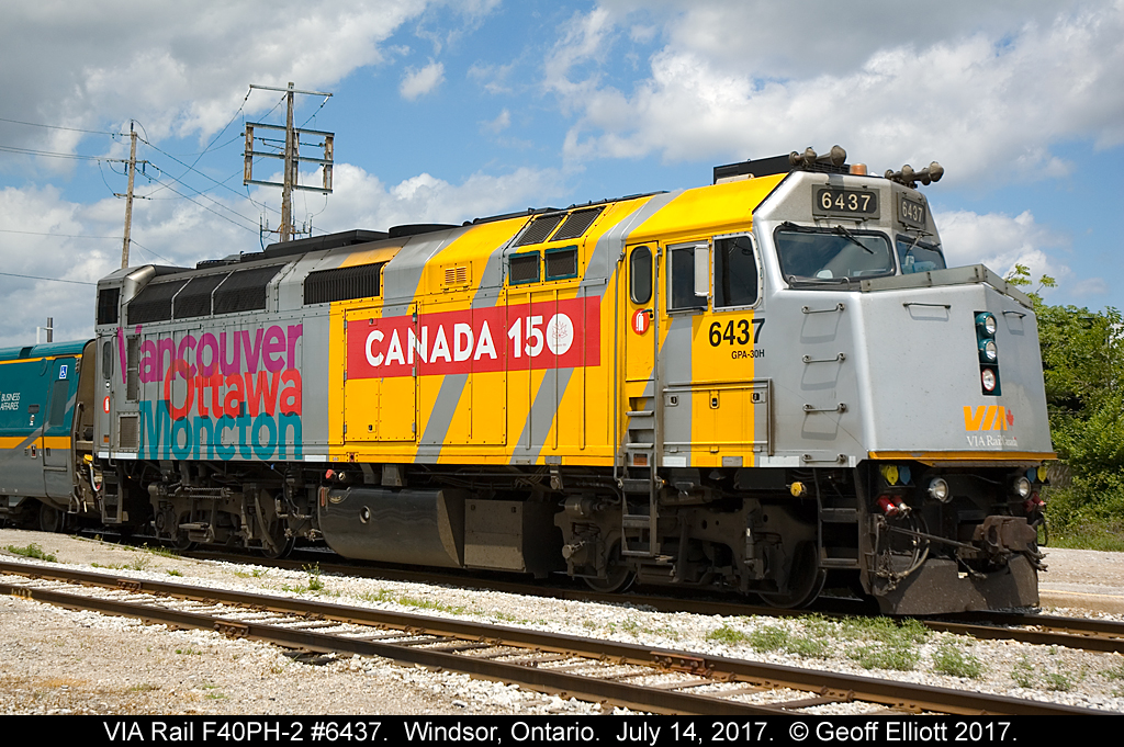 VIA 6437 sports the 'Canada 150' wrap as it awaits it's departure time as train #76 bound for Toronto.