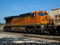 BNSF 7090 supplies power as the DPU on KCS 4803 east, train #650, as it departs Windsor, Ontario on July 18.