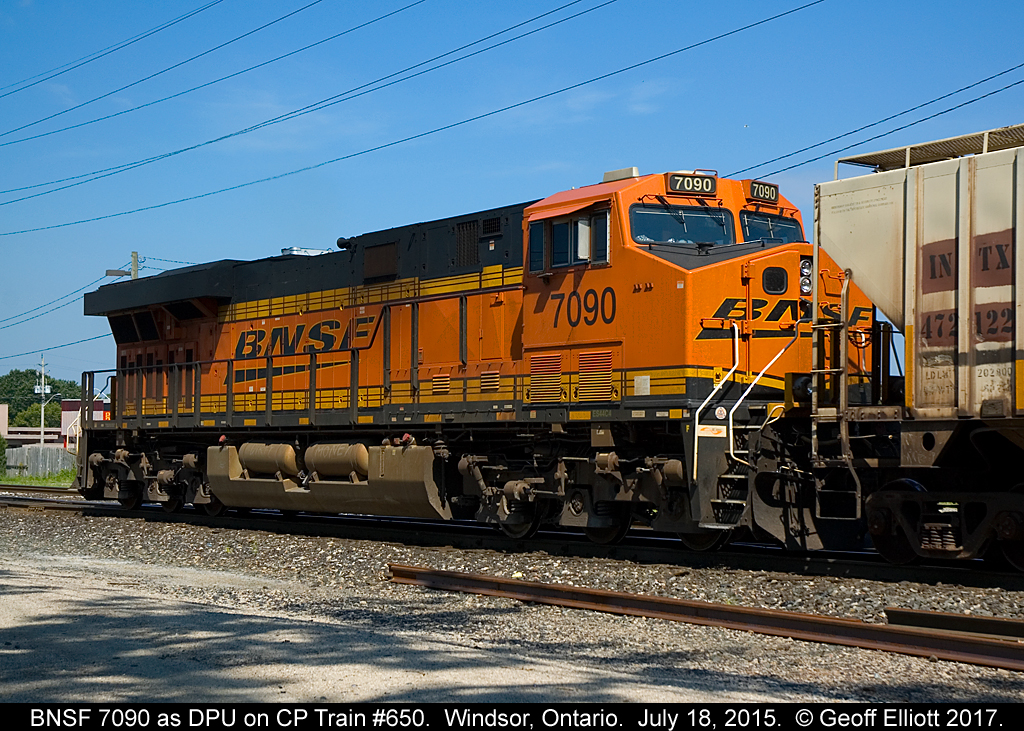 BNSF 7090 supplies power as the DPU on KCS 4803 east, train #650, as it departs Windsor, Ontario on July 18.
