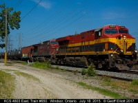 KCS 4803 leads train #650 away from Dougall Ave., in Windsor, Ontario on July 18, 2017.  The KCS unit came over the Border as the trailing unit, but the CP GE had traction motor issues and they swapped the power around to my benefit.  Nice to finally catch one of these "Belles" on the point of a train here.