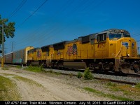 Hot on the heals of KCS 4803 east, train #244 with Union Pacific 4757 on point, and a sister trailing, pulls away from Dougall Ave., in Windsor, Ontario on July 18, 2017.  It was a colorful 30 minutes at Dougall Ave. today.  :-)