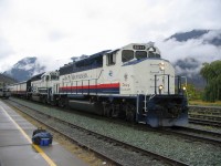 Crew change at Lillooet, having arrived from Williams Lake and exchanged pleasantries with the out bound crew, I was waiting for the train to depart and do a rollby inspection. Later next morning the process would be reversed  and I would be departing for Williams Lake. A cold drab September afternoon. Of note the second unit is the 8018 formerly PC 3133, which I may very well have seen years earlier at Canfield Junction.