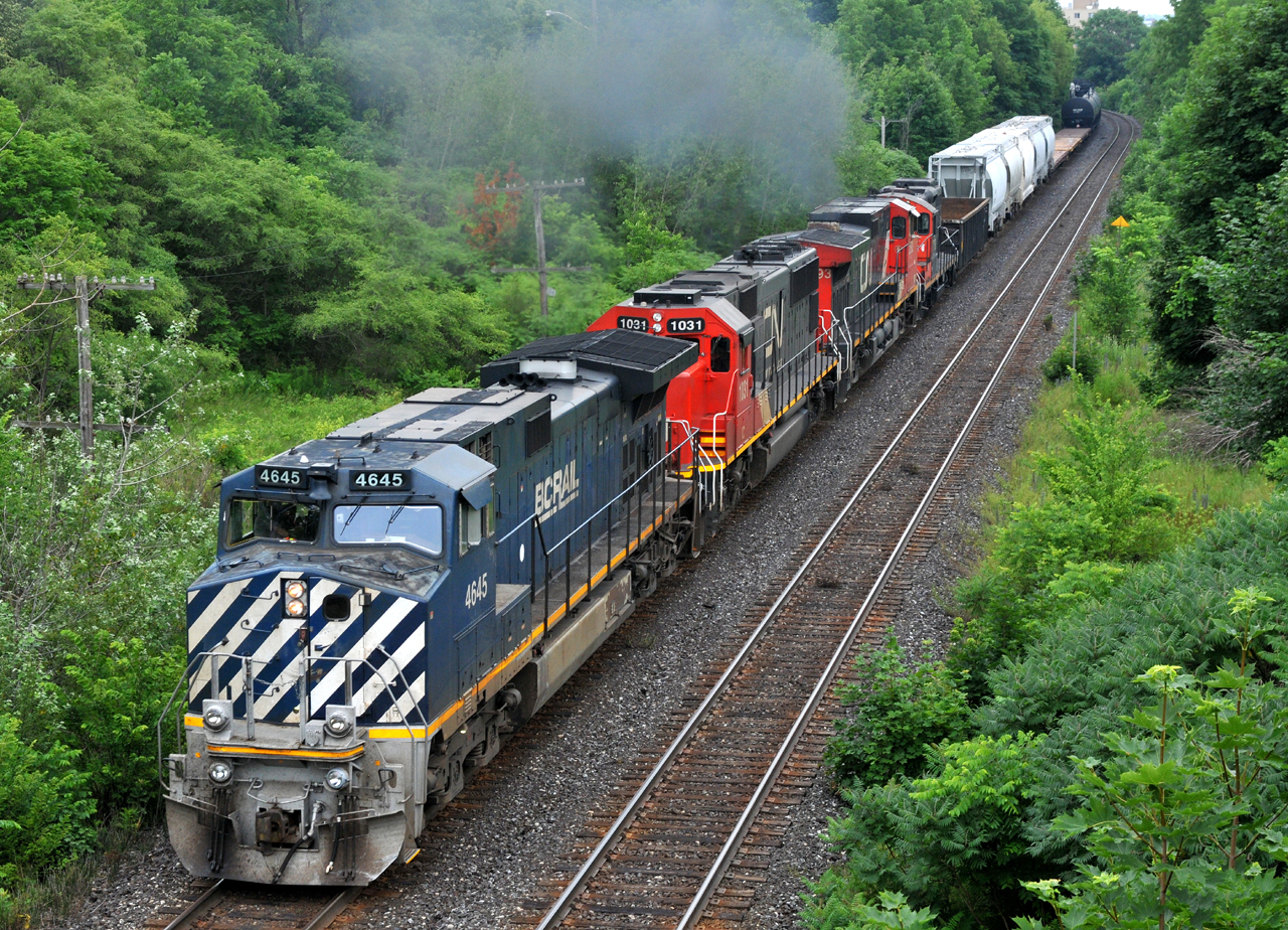 BCOL 4645, IC 1031, CN 2593, and CN 7068, on CN A43531 12  in the process of making a large set-off at Brantford