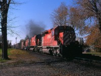 
Train 904 about to hit the C&O diamond in Chatham on Oct 26/85, with 5721-4553-4551.
