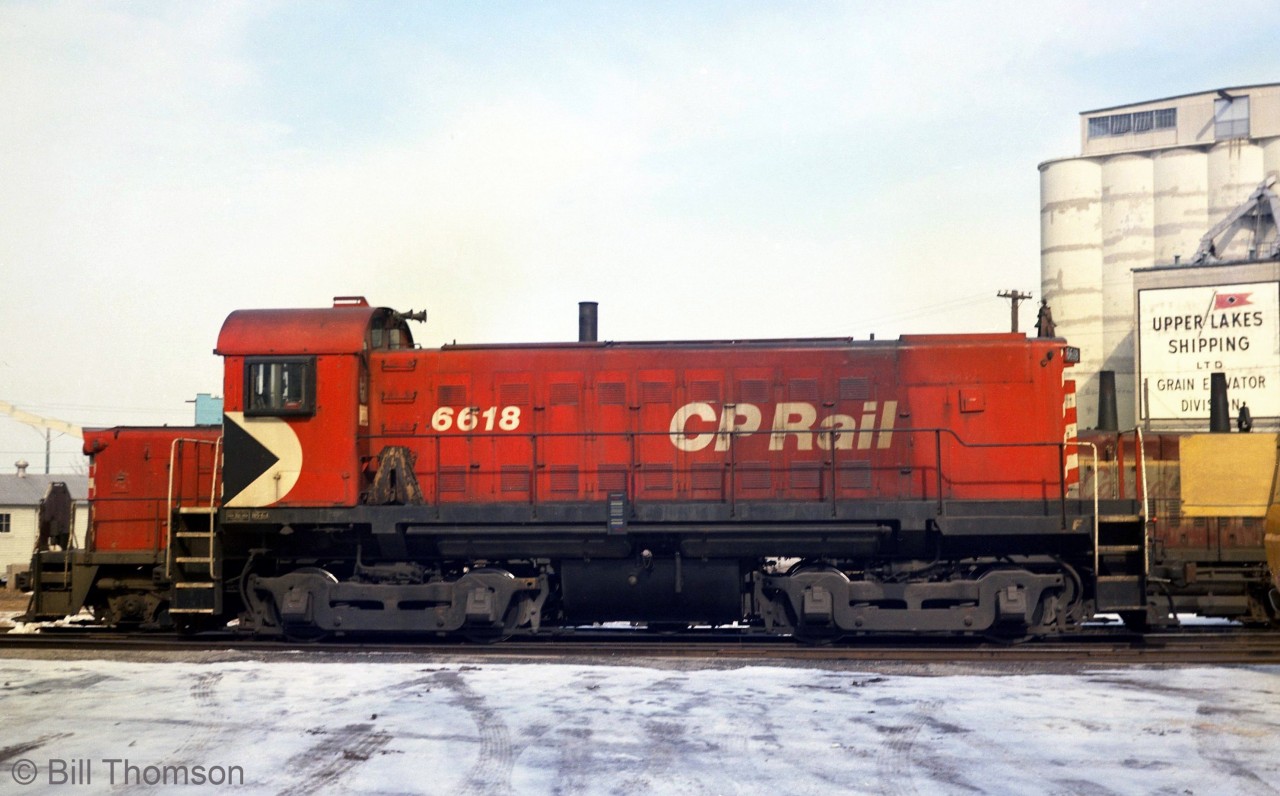 CP 6618, an MLW S11, is the local Goderich switcher as of this March 1974 photo (probably replacing CLC unit 17). A pair of SW1200RS units are parked behind 6618, which were the power for the daily freight. The sign of Upper Lake Shipping is also visible, who was the owner of the elevator here (they also owned a fleet of lake boats from 1831 to 2011, then sold to Algoma Central).